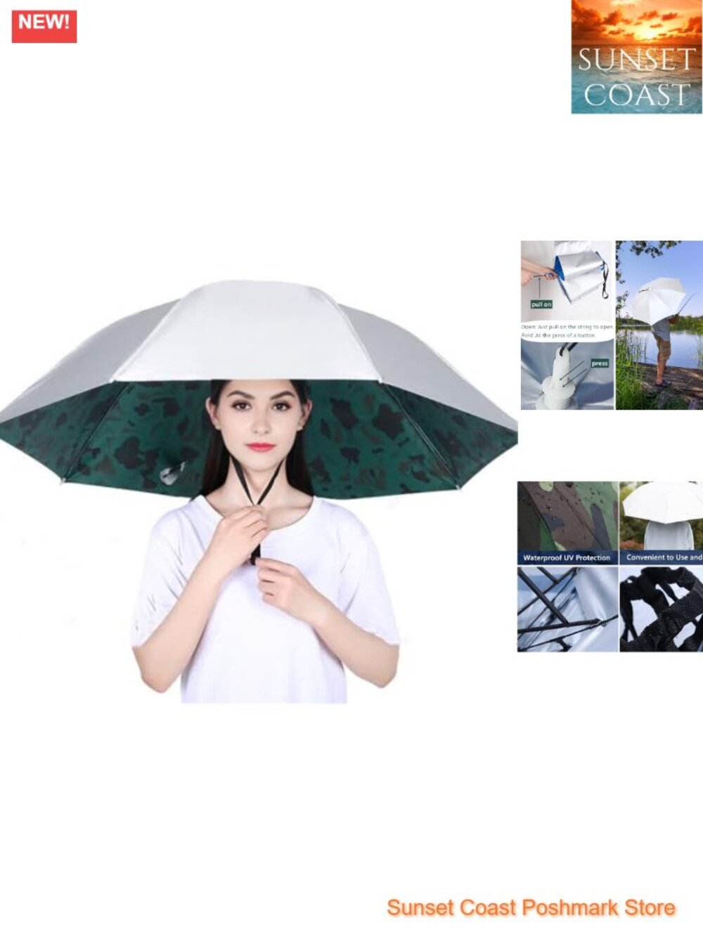 36.2" Folding Adjustable Umbrella Hat Waterproof UV Protection Hands-Free